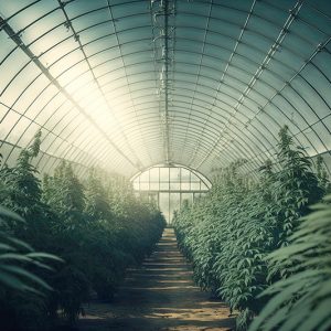 a bay of mature cannabis plants in a greenhouse that are prepared for harvest. Generative AI