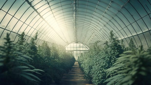 a bay of mature cannabis plants in a greenhouse that are prepared for harvest. Generative AI